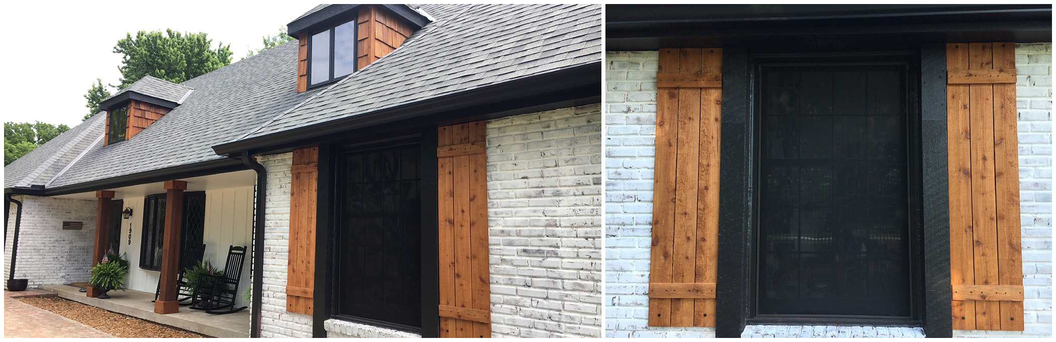Close up of DIY cedar shutters on brick house