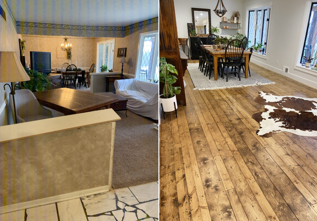 Front Room: Pine Wood Floors Before & After
