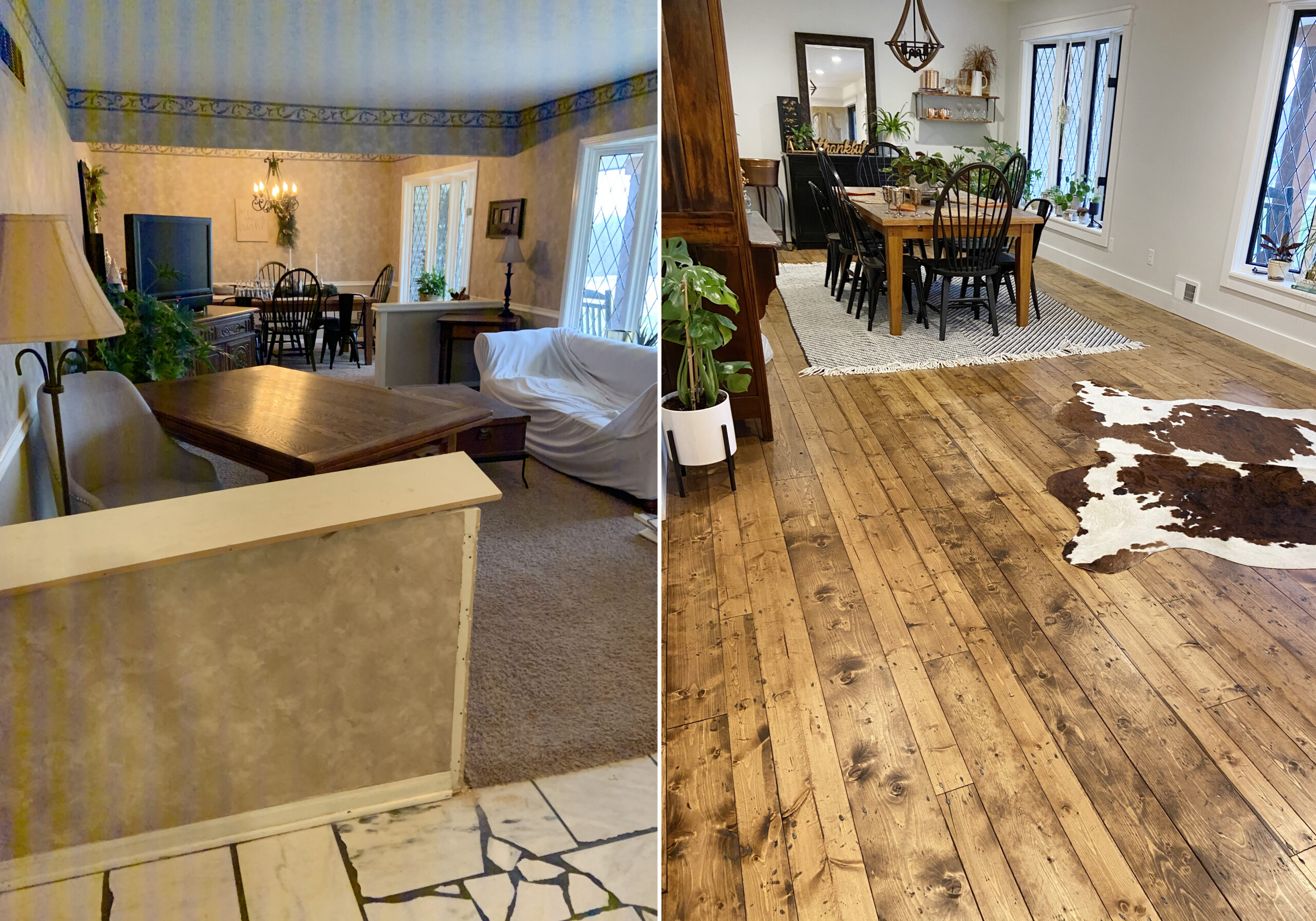 Dining Room: Pine Wood Floors Before & After