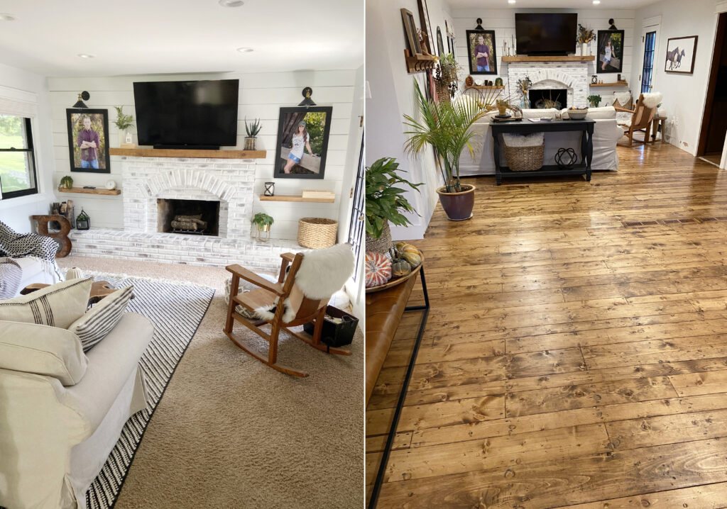 Family Room: Pine Wood Floors Before & After