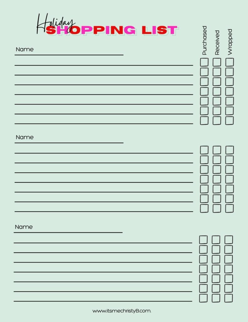 Holiday Shopping List Printable