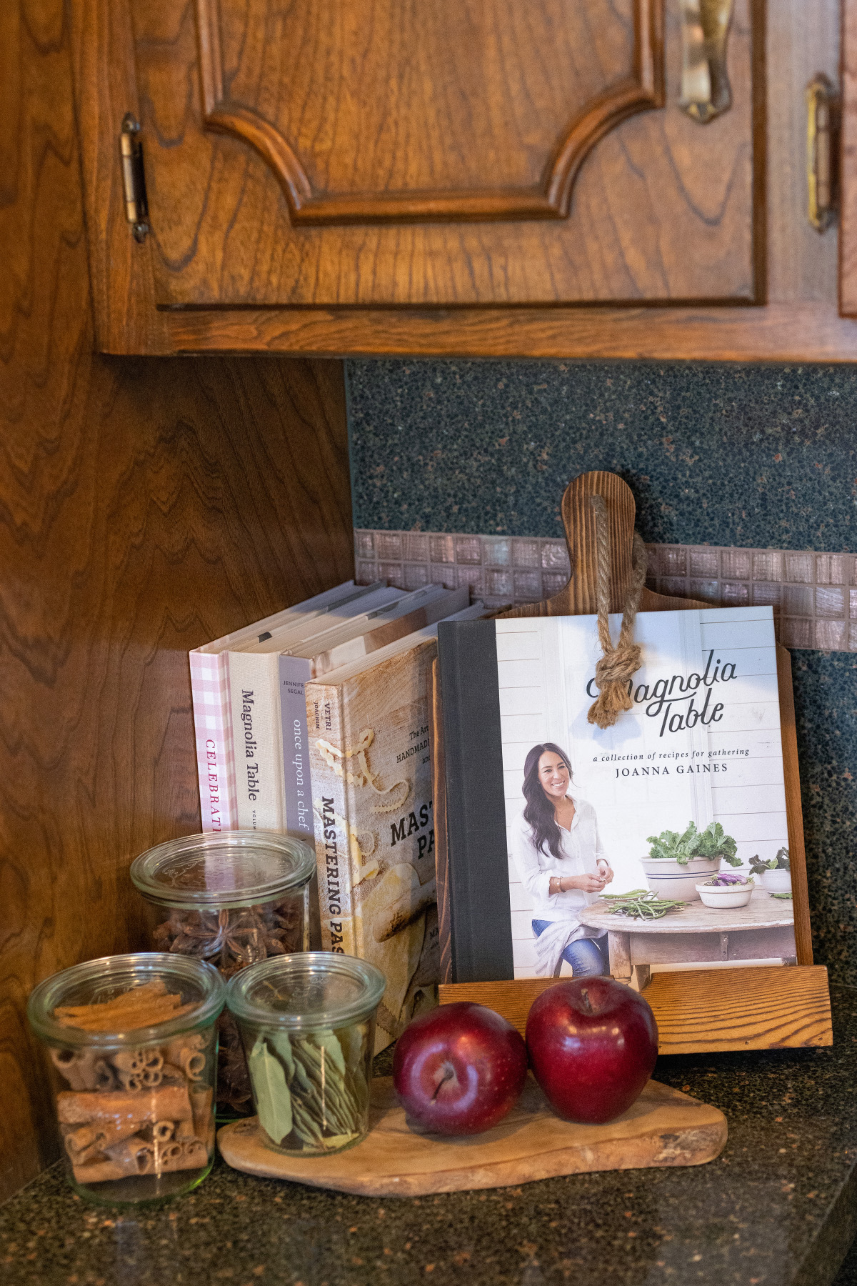 Cookbooks + Spices + Fruit as Decor