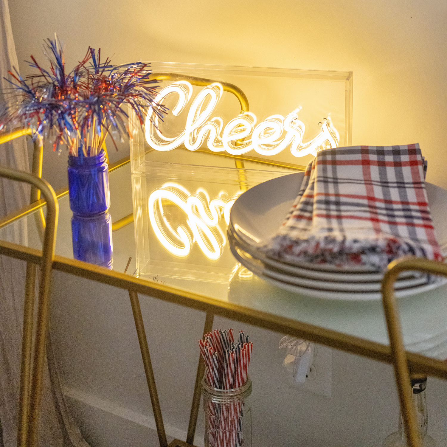 4th of July Bar Cart Neon Cheers Sign